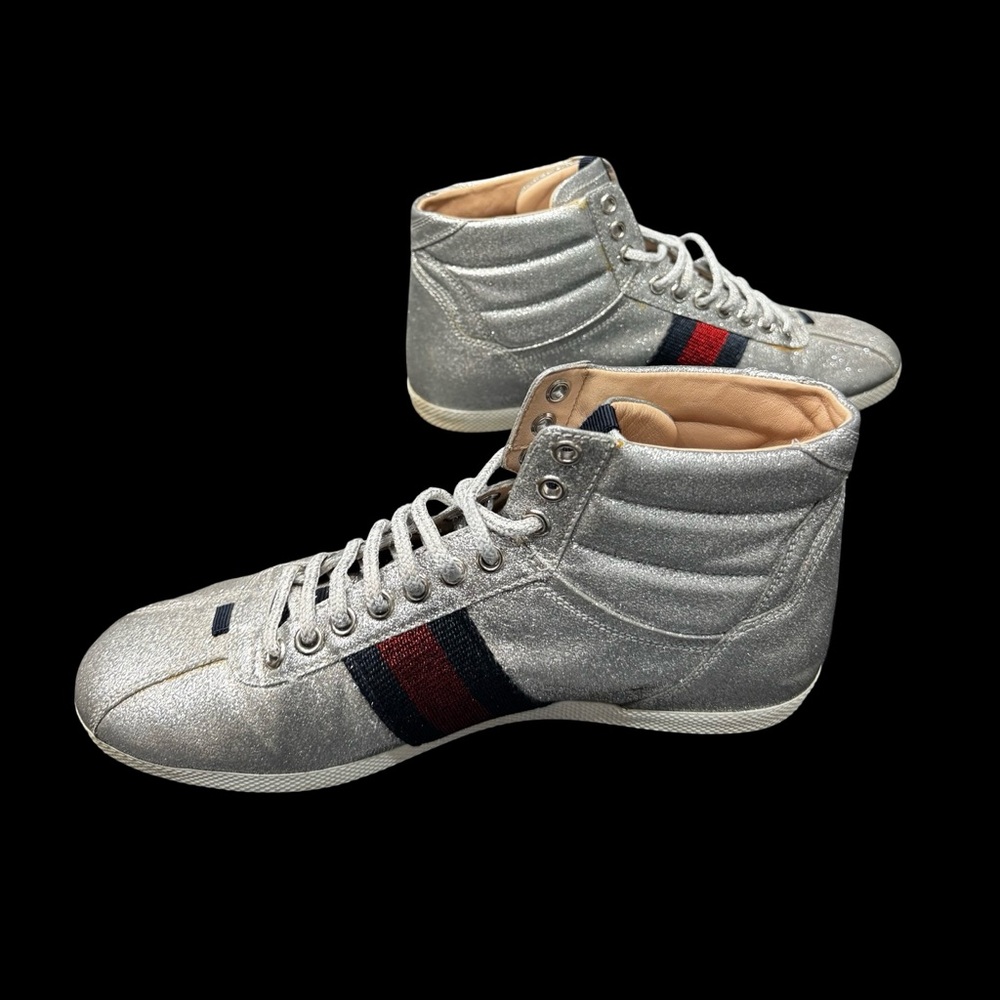 Gucci Bambi Silver Glitter High Top Sneakers EU38 Web Stripe Italy Luxury - Picture 2 of 9